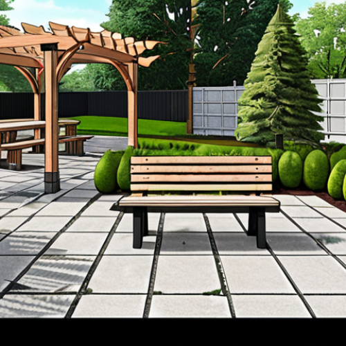 ** A meticulously drawn landscape plan showcasing clean, consistent linework and lettering. The drawing emphasizes accurate plant symbols with varied textures differentiating deciduous and coniferous trees. Detailed rendering of site furniture (bench, pergola) and paving materials adds realism.

**
