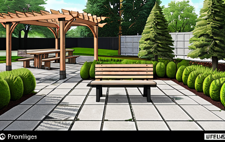 ** A meticulously drawn landscape plan showcasing clean, consistent linework and lettering. The drawing emphasizes accurate plant symbols with varied textures differentiating deciduous and coniferous trees. Detailed rendering of site furniture (bench, pergola) and paving materials adds realism.
**