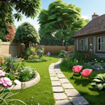 A lush garden scene evoking childhood memories of playing in a grandmother's yard, emphasizing serenity and joy.