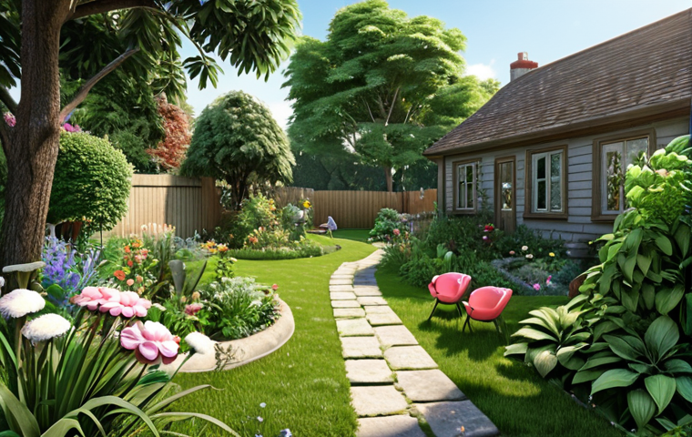 A lush garden scene evoking childhood memories of playing in a grandmother's yard, emphasizing serenity and joy.