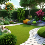 **

"A 3D simulation of a garden design with various plant layouts, showcasing different color palettes and plant sizes. Consider personal preferences and the existing garden environment. Concept art."

**