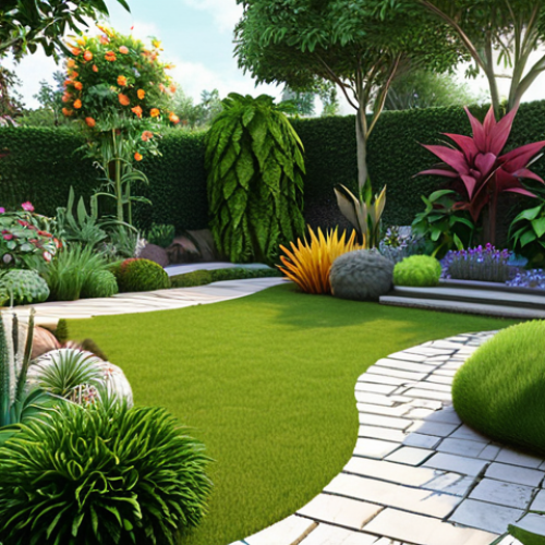 **

"A 3D simulation of a garden design with various plant layouts, showcasing different color palettes and plant sizes. Consider personal preferences and the existing garden environment. Concept art."

**