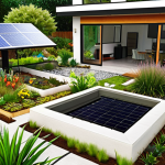 **A sustainable landscape design:** Focus on a modern garden incorporating native plants, a rainwater harvesting system, and solar panels. The scene should emphasize environmental consciousness and biodiversity, with various insects and wildlife interacting with the plants.