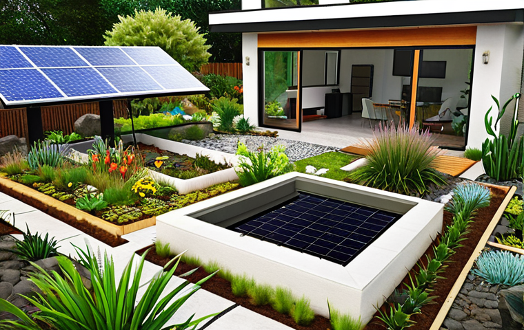 **A sustainable landscape design:** Focus on a modern garden incorporating native plants, a rainwater harvesting system, and solar panels. The scene should emphasize environmental consciousness and biodiversity, with various insects and wildlife interacting with the plants.