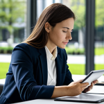 A focused professional landscape architect, a woman in her 30s, wearing modest business casual attire, fully clothed. She is seated at a clean, modern desk in a well-lit office, intently reading an academic paper on a sleek digital tablet. A steaming cup of coffee rests beside her. The background shows a blurred view of a contemporary urban park through a large window, symbolizing the connection to her field. The image is a high-quality professional photograph, with sharp focus on the subject and a thoughtful, insightful expression. safe for work, appropriate content, fully clothed, professional, perfect anatomy, correct proportions, natural pose, well-formed hands, proper finger count, natural body proportions.