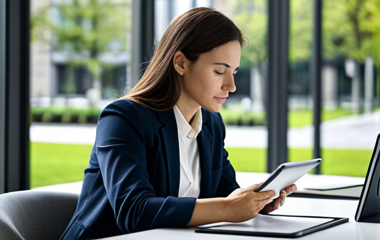 A focused professional landscape architect, a woman in her 30s, wearing modest business casual attire, fully clothed. She is seated at a clean, modern desk in a well-lit office, intently reading an academic paper on a sleek digital tablet. A steaming cup of coffee rests beside her. The background shows a blurred view of a contemporary urban park through a large window, symbolizing the connection to her field. The image is a high-quality professional photograph, with sharp focus on the subject and a thoughtful, insightful expression. safe for work, appropriate content, fully clothed, professional, perfect anatomy, correct proportions, natural pose, well-formed hands, proper finger count, natural body proportions.