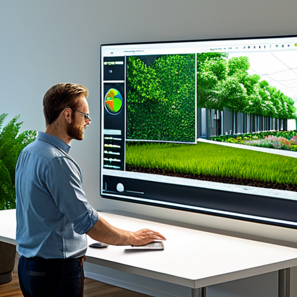 A professional landscape architect, fully clothed in a modest business casual attire, is working diligently at a modern desk in a bright, contemporary design studio. On their large digital screen, a detailed 3D model of a sustainable urban park with a rain garden and green roof is displayed, demonstrating advanced digital design tools for environmental consciousness. In the background, through a large window, a lush, eco-friendly city skyline is visible, showcasing harmonious green infrastructure. professional photography, high resolution, perfect anatomy, correct proportions, natural pose, well-formed hands, proper finger count, natural body proportions, safe for work, appropriate content, fully clothed, professional, modest.