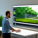 A professional landscape architect, fully clothed in a modest business casual attire, is working diligently at a modern desk in a bright, contemporary design studio. On their large digital screen, a detailed 3D model of a sustainable urban park with a rain garden and green roof is displayed, demonstrating advanced digital design tools for environmental consciousness. In the background, through a large window, a lush, eco-friendly city skyline is visible, showcasing harmonious green infrastructure. professional photography, high resolution, perfect anatomy, correct proportions, natural pose, well-formed hands, proper finger count, natural body proportions, safe for work, appropriate content, fully clothed, professional, modest.