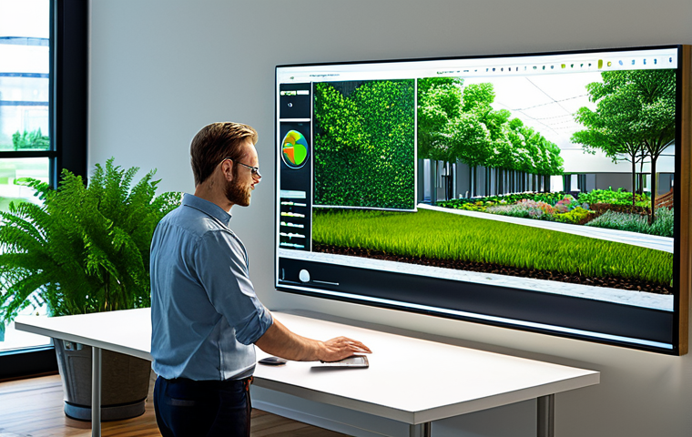 A professional landscape architect, fully clothed in a modest business casual attire, is working diligently at a modern desk in a bright, contemporary design studio. On their large digital screen, a detailed 3D model of a sustainable urban park with a rain garden and green roof is displayed, demonstrating advanced digital design tools for environmental consciousness. In the background, through a large window, a lush, eco-friendly city skyline is visible, showcasing harmonious green infrastructure. professional photography, high resolution, perfect anatomy, correct proportions, natural pose, well-formed hands, proper finger count, natural body proportions, safe for work, appropriate content, fully clothed, professional, modest.