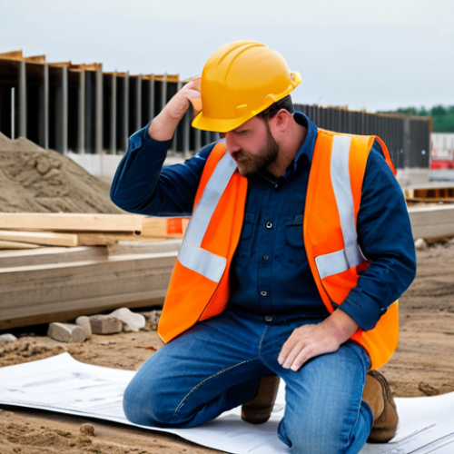 The Reality of Landscape Architecture**

A landscape architect, fully clothed in practical work attire (jeans, boots, work shirt, safety vest), kneeling in a construction site reviewing blueprints. Dust and construction materials are visible in the background. The expression is thoughtful and slightly weary. Focus on the contrast between the beauty they aim to create and the rough reality of the work. Safe for work, appropriate content, fully clothed, professional, perfect anatomy, natural pose, well-formed hands, proper finger count.

**