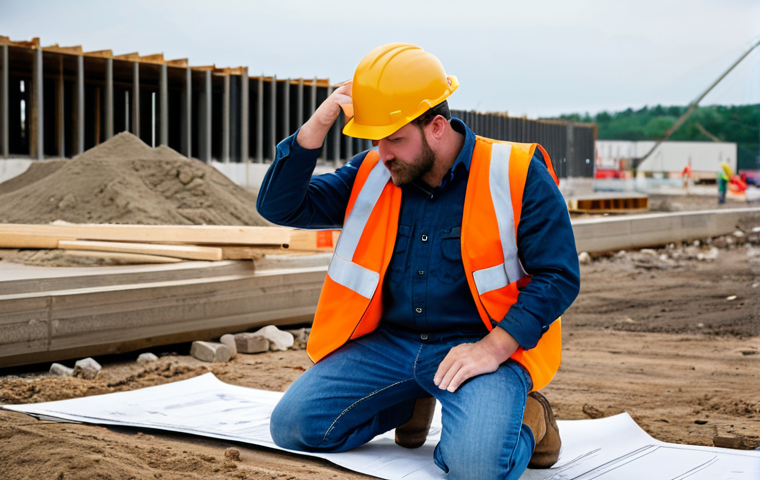 The Reality of Landscape Architecture**
A landscape architect, fully clothed in practical work attire (jeans, boots, work shirt, safety vest), kneeling in a construction site reviewing blueprints. Dust and construction materials are visible in the background. The expression is thoughtful and slightly weary. Focus on the contrast between the beauty they aim to create and the rough reality of the work. Safe for work, appropriate content, fully clothed, professional, perfect anatomy, natural pose, well-formed hands, proper finger count.
**