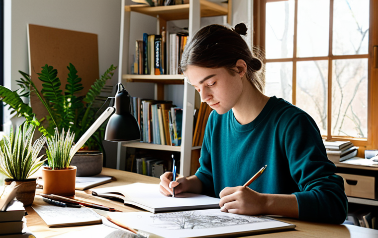 Landscape Design**
"A landscape architecture student sketching designs in a sunlit studio, surrounded by books on landscape design and plant life. The room is filled with natural light, highlighting the student's focused expression. The desk is cluttered with design tools, sketches, and plant samples. safe for work, appropriate content, fully clothed, professional, perfect anatomy, natural proportions, high quality."
**